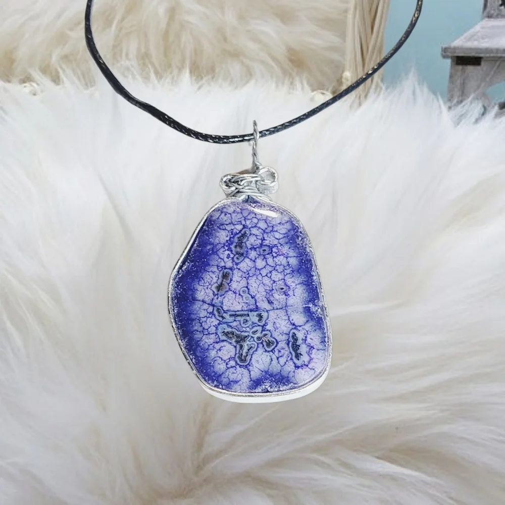Handmade Natural Druzzy Pendant with Black Cord Necklace